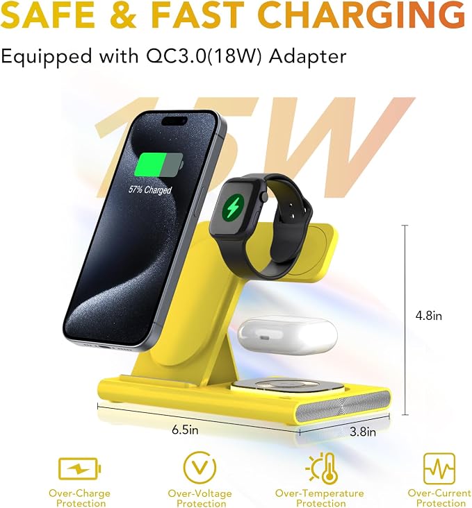 3 in 1 Foldable Wireless Fast Charging Station for Apple Multiple Devices | iPhone Charging Station for iPhone 17, Travel iWatch Charger Stand, Light Nightstand Charging Dock for Apple Watch/Airpods