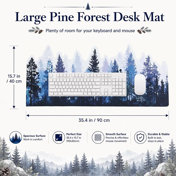 Large 3D Pine Forest Desk Mat Gradient Forest Big Gaming Mouse Pad Non-Slip | Rubber Base Decorative Keyboard Mat, Extended Desk Protector for Office Home Study Workstation, 35.43 x 15.75 Inch