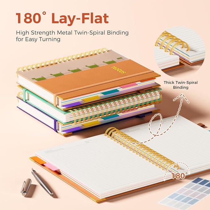 XYark A4 Hardcover Spiral Notebook, 8.5"x11" College Ruled Notebooks with Removable Dividers Tabs & Ruler, 5 Subject Notebook 300 Pages, Large Lined Journal for Women Men School Work Office, Orange