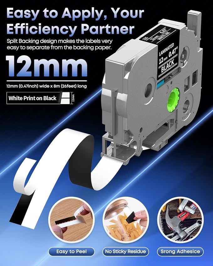 Replace for Brother TZe-335 Label Maker Tape White on Black Label Tape 1/2" | TZe335 TZ Tape 12mm 0.47 Laminated Black for Brother PT-H103w H110 D210 D220 D400 1180 1280 1890 2040 P-touch Refills, 5-Pack