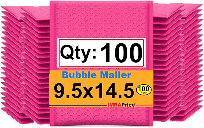 iMBAPrice 100-Pack #4 (9.5" x 14.5") Premium Hot Pink Color Self Seal Poly Bubble Mailers Padded Shipping Envelopes (Total 100 Bags)