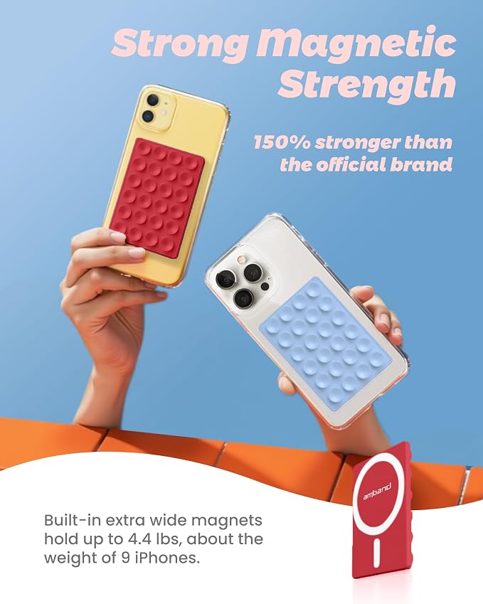 amBand Magnetic Sticky Phone Suction Grip for MagSafe, Removable for Wireless Charging, Durable Magnet Silicone Portable Mount Stand for iPhone 12 13 14 15 16 17, Hands-Free Video/Selfie, Cherry Red