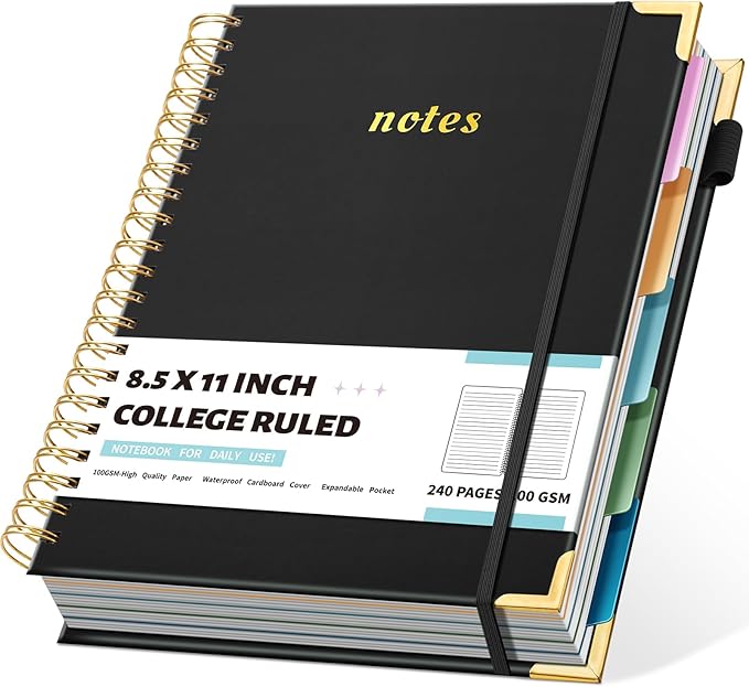 Hardcover Spiral Notebooks 8.5" X 11" Note Taking 5 Subject Notebook College Ruled with Dividers 240 Pages 100GSM Aesthetic Spiral Notebook for Work School Cute Journals for Women Writing, Black