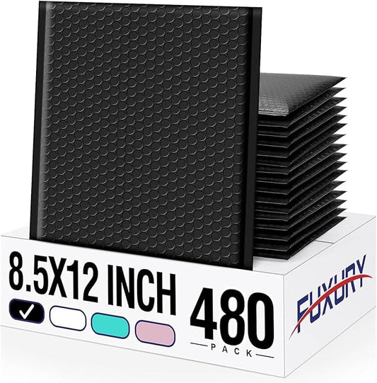 Fuxury Black Bubble Mailers 8.5x12" 480 Pack Medium Padded Envelopes Bulk Opaque #2 Bubble Mailer Usable Size 8x11" Thick Padded Mailers for Small Business Mailing Books Clothes Makeup Supplies
