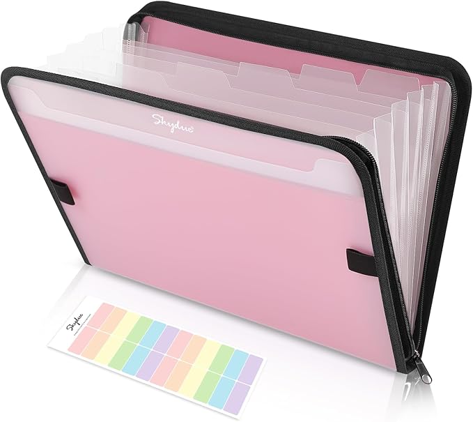 SKYDUE Accordion File Organizer, 7 Pocket Expanding File Folder with Front Pocket, Important Document Organizer with Double Zipper, School Office Supplies，Pink Folder