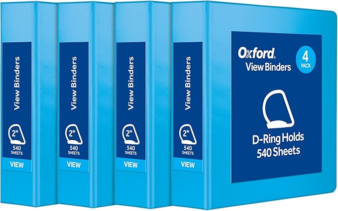 Oxford 3 Ring Binders, Binders for School and Office, Durable 2 inch D Rings, Holds 540 Sheets, ClearVue Presentation Binder, Blue, 4PK