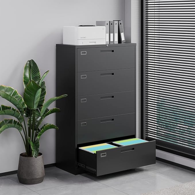 5 Drawer File Cabinet with Lock,Metal Lateral Filing Cabinets for Home Office Hanging Files Letter/Legal/F4/A4 Size(Black-Requires Installation)