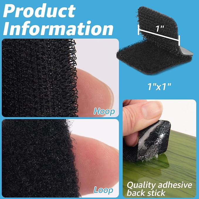 Art3d 48 Sets Hook and Loop Tape, 1"x 1" Sticky Back, Heavy Duty | Double-Sided, Adhesive Strip, Nylon, Picture Hanging Strips Fastener for Mounting Hanging, Glass, Tile, Metal, Home, Office