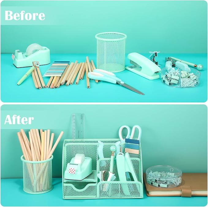 auroray Green Desk Organizers and Accessories, Teal Office Supplies Set Green Mesh Desk Organizer, Stapler, Tape Dispenser, 1000 Staples, Staple Remover, Pen Holder, Clips Set, Ruler, Scissors