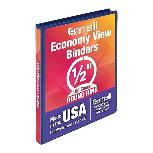 Samsill Economy 0.5 Inch 3 Ring Binder, Round Ring Binder, Customizable Clear View Cover, Dark Blue