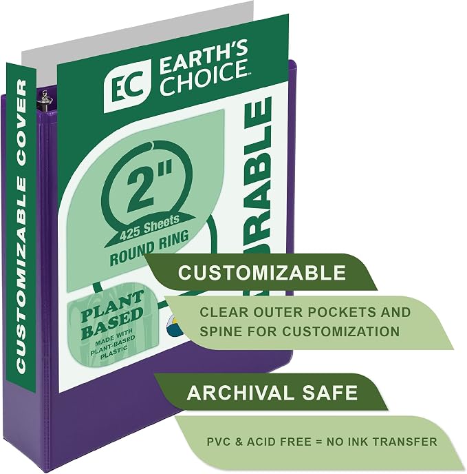 Samsill Plant-Based 2 Inch Durable Round Ring, View Binder, Eco-Friendly, USDA Certified Biobased, 2 Count, Pack of 1, Purple