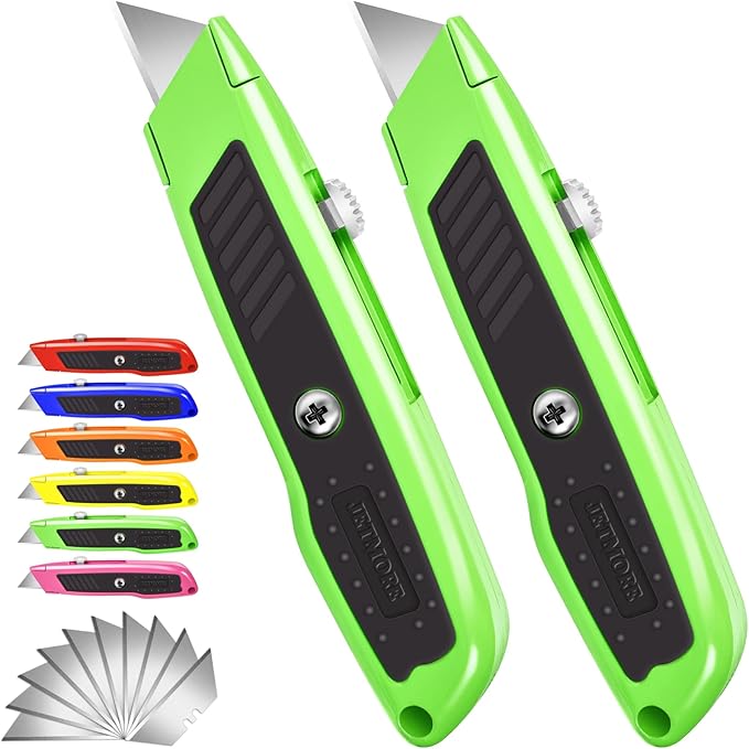 2 Pack Box Cutter Utility Knife with Extra 10 SK5 Blades & Anti-slip Rubber Handle, Box Cutter Retractable, Portable Box Opener Razor Knife for Home Office Construction