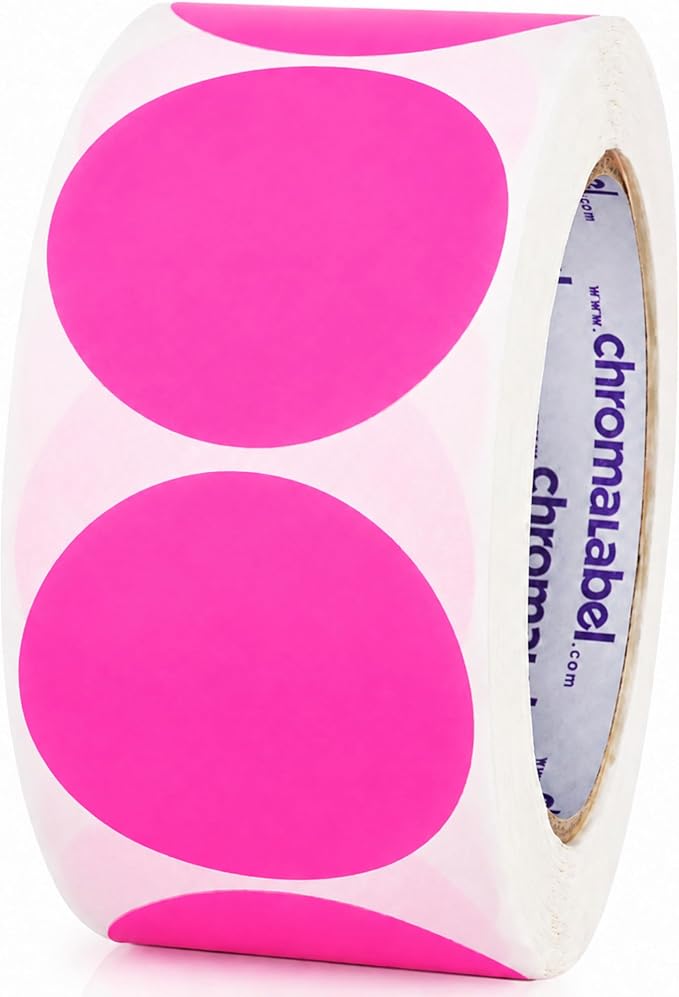 Fluorescent Pink Dot Stickers, 2 Inch, 500/Roll | Large Dot Stickers with Writable Paper for Inventory and Classroom Organization. Made in USA