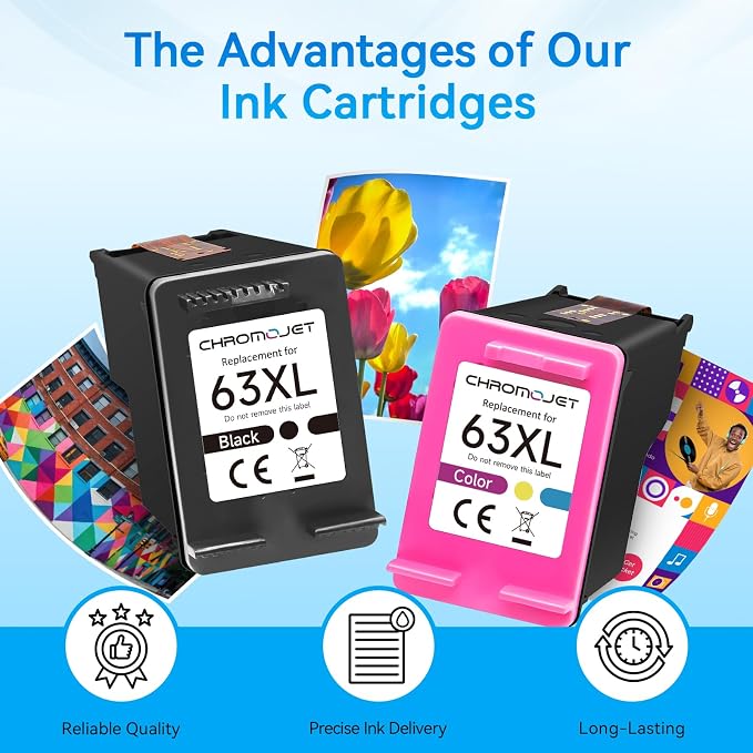 High Yield 63XL Ink Cartridges Black and Color Replacement for HP Ink 63 fit for Envy 4520 4512 4510 OfficeJet 3830 4650 5255 5258 5200 4655 DeskJet 1112 2130 3630 Printer-2 Pack,Display Ink Level