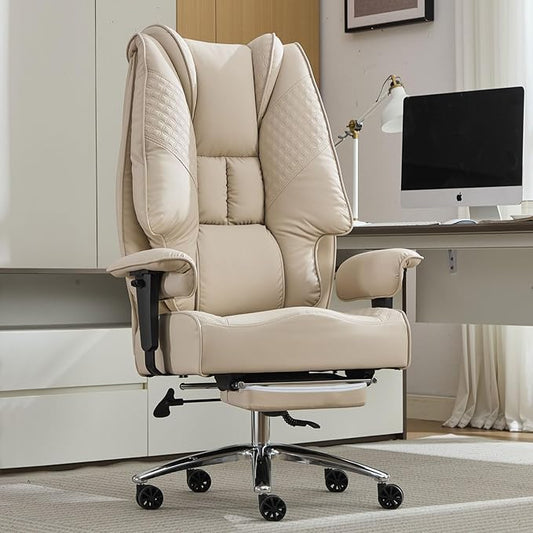 Big and Tall Office Chair 400lbs Wide Seat, Leather High Back Executive Office Chair with Foot Rest, Ergonomic Chairs Lumbar Support for Lower Back Pain Relief (Beige)