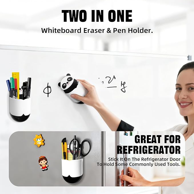 Cute Panda Magnetic Pen Holder, Strong Magnet for Glass Whiteboard, Refrigerator & Locker - 2 Pack Marker Organizer, Dry Erase Marker Holder for School, Home & Office (Black/White)