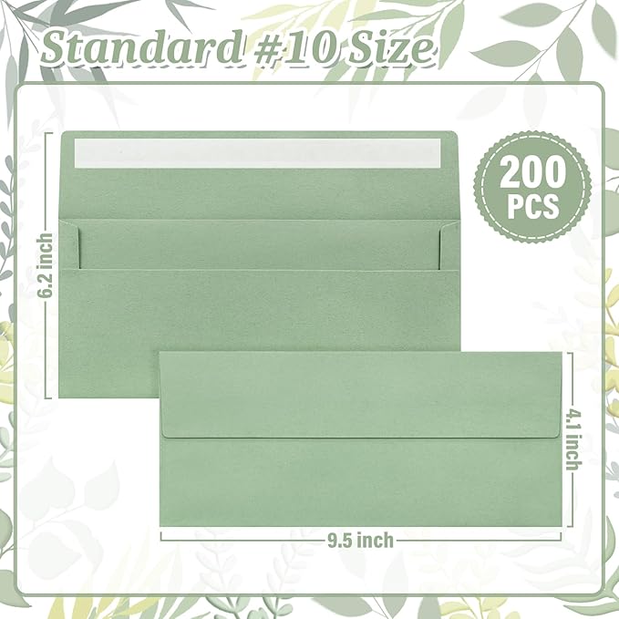 Mulbozy 200 Pcs #10 Business Envelopes, Self Seal Standard Envelopes, Windowless Business Mailing Envelopes for Office Checks Letters Invoices Statements Wedding, Size 4-1/8 x 9-1/2 inch (Sage Green)