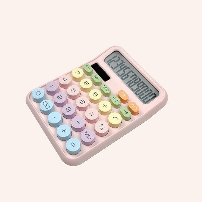 Desk Calculator with Big Easy-Press Buttons, 12 Digit Cute Office Calculators with Large LCD Display, Solar Battery Dual Power, for Office, School, Home (Pink)