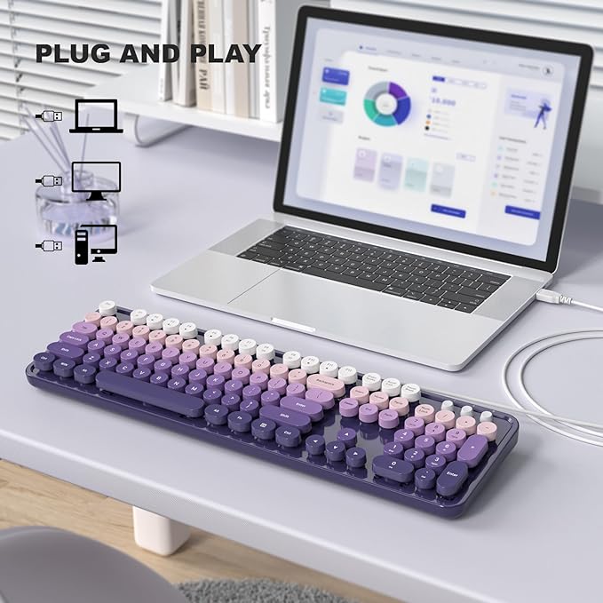 Computer Keyboard Wired, Plug and Play USB Retro Round Typewriter Keyboard, Full Size Wired Keyboard with Foldable Stands for Laptop and Office PC