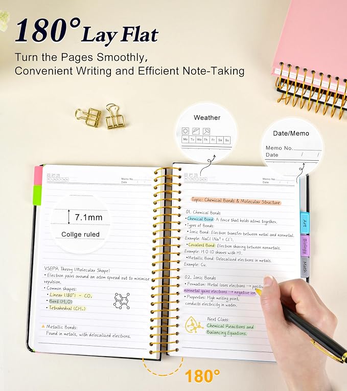5 Subject Notebook College Ruled 240 Pages, A5(5.8"x8.3") Hardcover Spiral Notebook with Removable Pocket Dividers Tabs, Lined Spiral Journal Notebook for Women, Notebooks for Work School Note taking Black