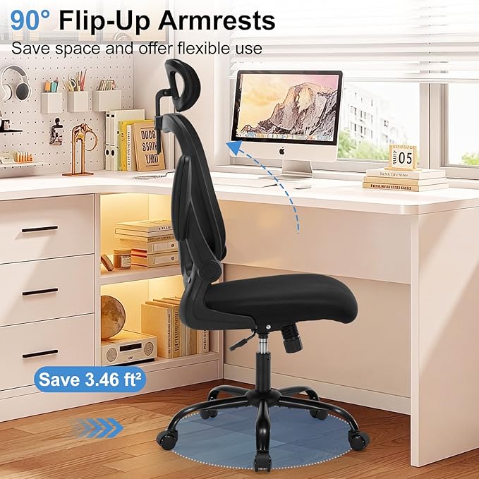 Office Chair Ergonomic Desk High Back Mesh Chair with Adjustable Lumbar Support & Headrest, Flip-Up Armrests, 300lbs Capacity Swivel Computer Chair for Home Office, Black