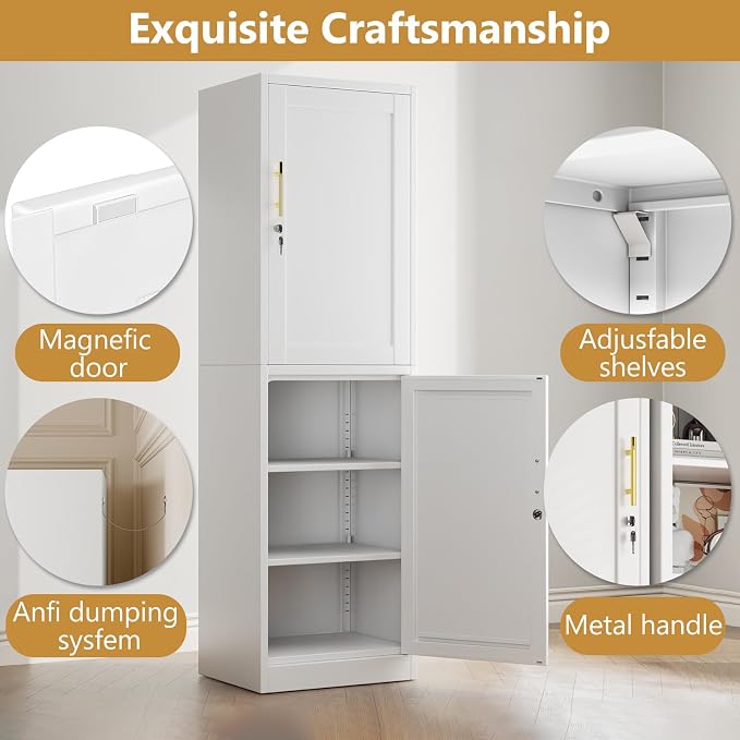 Tall Narrow Slim Metal Storage Cabinet with Lock and 5 Adjustable Shelves,Steel File Cabinets,Kitchen Pantry Cabinet Locker Organizer - 67" Storage Cabinets for Bathroom,Bedroom,Office