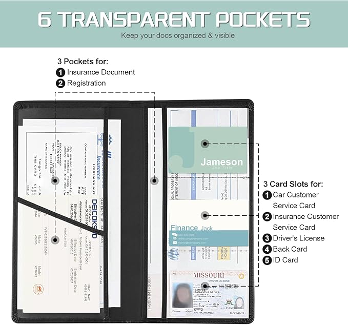 JUSTTOP 1Pack Car Registration and Insurance Holder,Car Document Holder for Cards License with Magnetic Shut,Car Organizer for Documents, Cards, License,Interior Car Accessories for Women Men(Black)