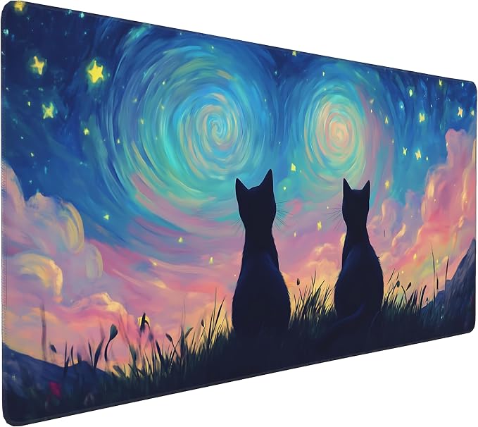 Cute Anime Black Cat Gaming Mouse Pad, Colorful Van Gogh Desk Mat with Anti-Slip Base & Stitched Edges,35.4" x 15.7" in Desk Accessories for Women, Home Office Decor & Artistic Gift