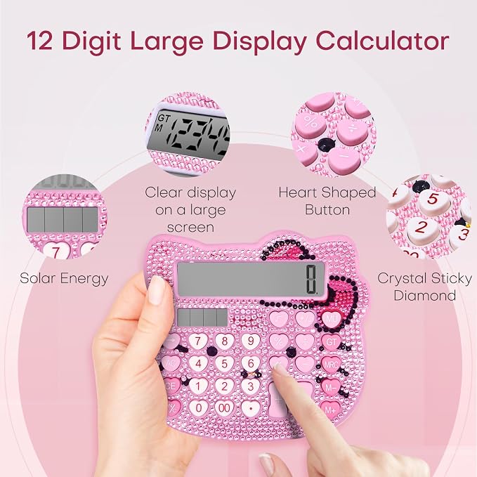 Cute Calculators, Women Desk Calculator 12 Digit with Large LCD Display and Sensitive Button, Suitable for Adults and Children, Standard Function for Office, Home, School (Pink+Pink Jewel Model)