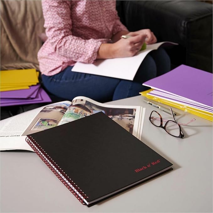 Black n' Red Notebook, Business Journal, 11" x 8-1/2", 70 Sheets, Ruled, Optik Paper, Scribzee App, Hardcover, Wirebound, Black (K67030)
