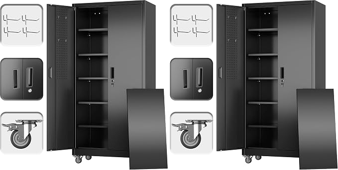 71" Metal Storage Cabinet with Wheels, Pegboard, Lock, 5 Shelves (Pack of 2)