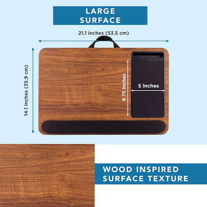 LAPGEAR Home Office Pro Lap Desk – Espresso Woodgrain, Fits 15.6” Laptops | Built-In Mouse Pad & Phone Slot, Wide Cushioned Wrist Rest, Dual-Bolster Microbead Cushion, Carry Handle