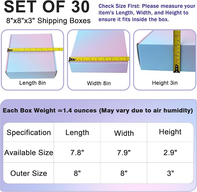 8"x8"x3" Shipping Boxes, 30 Pack Purple Cardboard Mailer Boxes for Small Business