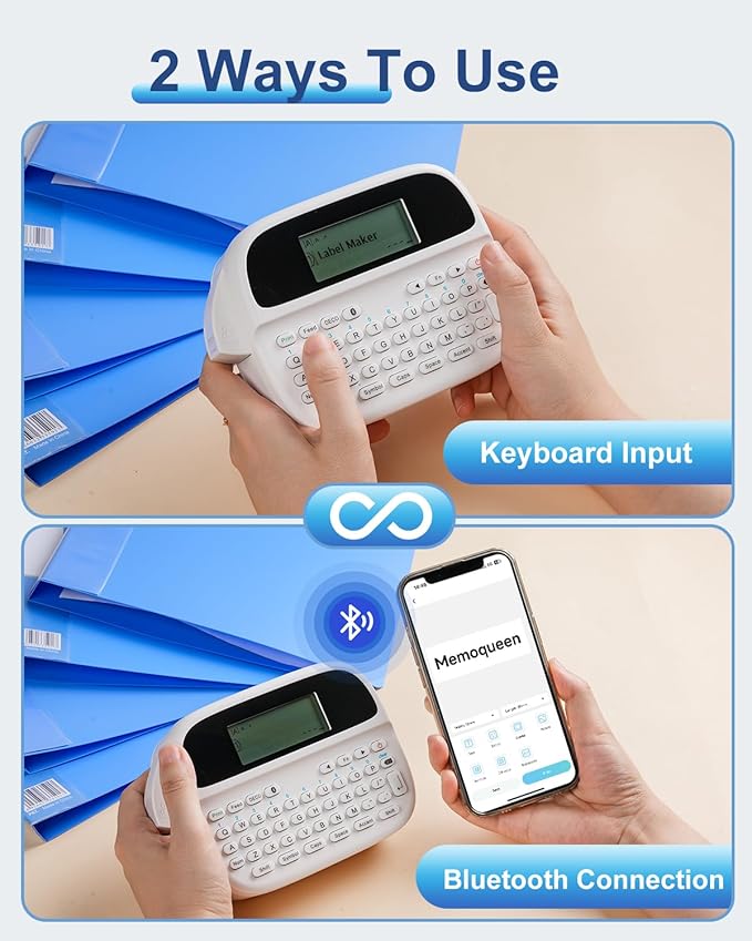 Memoqueen Label Maker, Label Maker Waterproof-Labels,Rechargeable Bluetooth Labeler with Backlit LCD, Multi-Symbol Icon Style Template Desktop Label Machine Widely Used in Office, Home,School