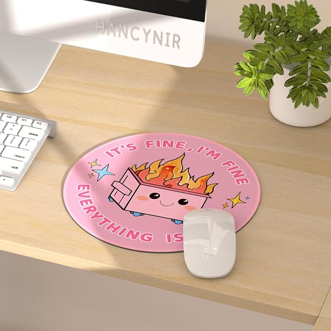 Hancynir Cute Mouse Pad, Dumpster on Fire Round Mousepad for Office Desk | Mouse Mat for Computer, Non-Slip Rubber Base, Office Desk Decor, Gifts for Work Coworker Teacher, 8.6 Inch, Stitched Edges