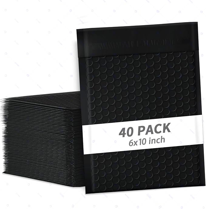 6x10 Inch Black Bubble Mailers 40 Pack Self-Seal Poly Padded Envelopes Suitable for Small Businesses to Package and Mail Jewelry Cosmetics, Electronic Products, Cards (Black, 6x10-40)