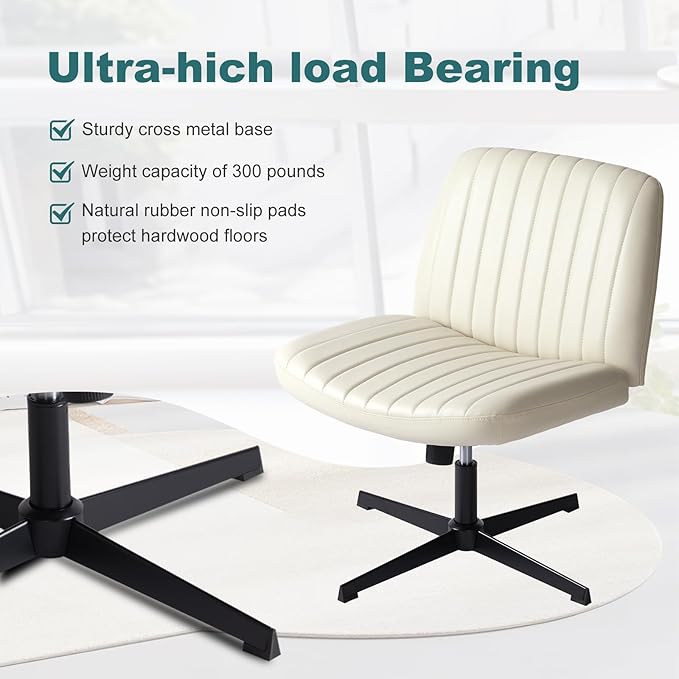 OLIXIS Criss Cross Legged Chairs Armless No Wheels Wide Seat Height Adjustable Swivel Padded PU Leather Home Office Desk Chair for Bedroom, Student, Study Room,Beige