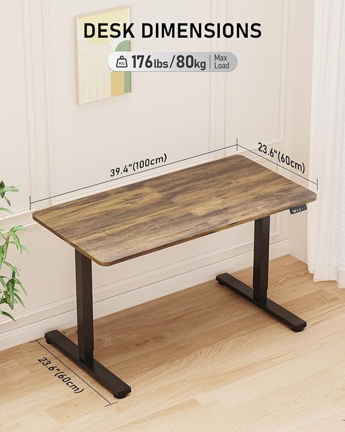 Standing Desk, Small Height Adjustable Electric Stand up Desk, 40" x 24" Sit Stand Computer Home Office Desk with Splice Board, Black Frame/Rustic Brown Top