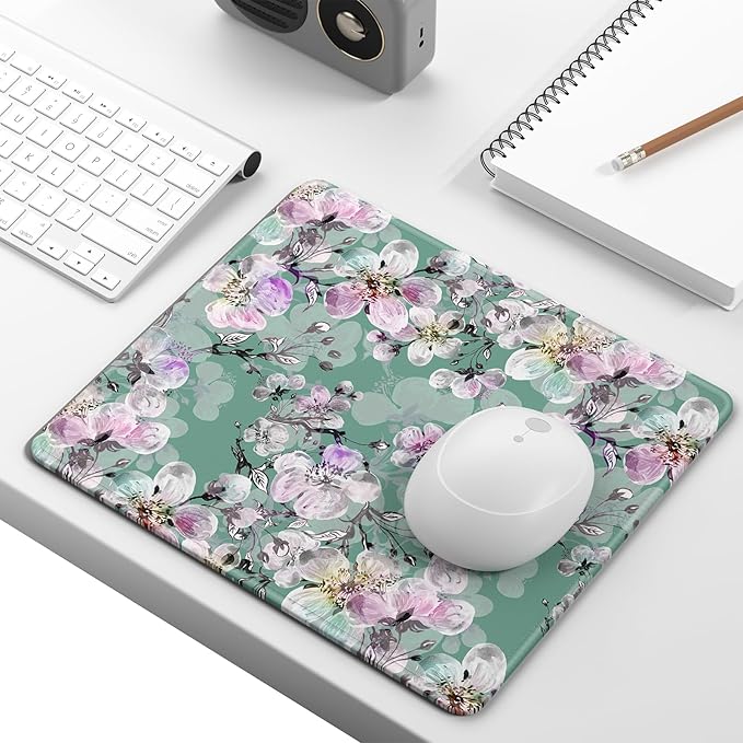 Mouse Pad, Minimalism Marble Style Computer Pad, Anti-Slip Rubber Mouse Mat with Stitched Edges for Gaming, Office, Laptop, PC, Women, 9" x 8" Thick 3 mm, Green Pink Peach Blossom