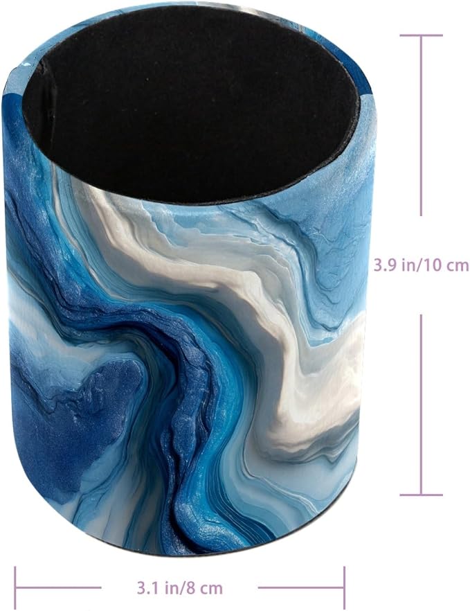 Leather Pen Holder for Desk, Blue and White Texture Pencil Cup Pen Organizer Makeup Brush Holder for Office Home Kids Countertop Desk Accessory Storage