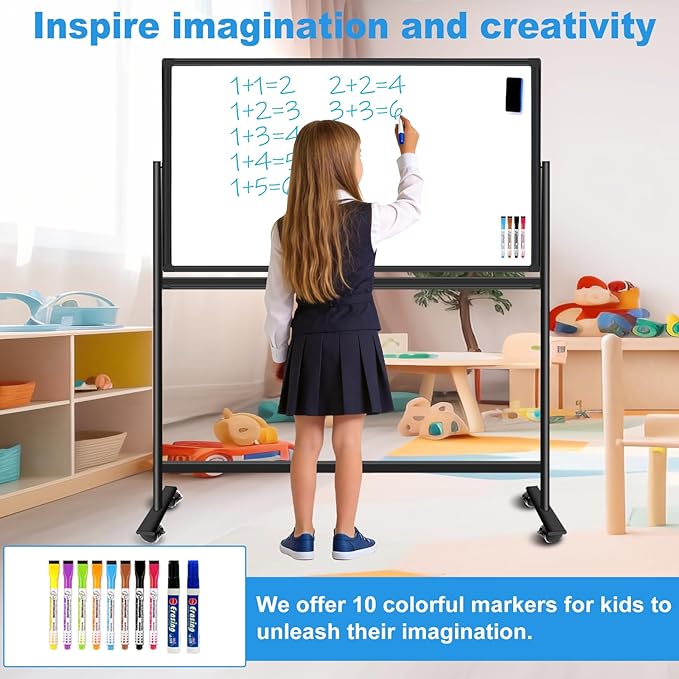 Magnetic Dry Erase Board with Stand, Double-Sided 36"x24" White Board with Stand, Mobile Whiteboard Rolling Whiteboard on Wheels for Kids & Adults, 2 Eraser, 10 Markers, 12 Magnets