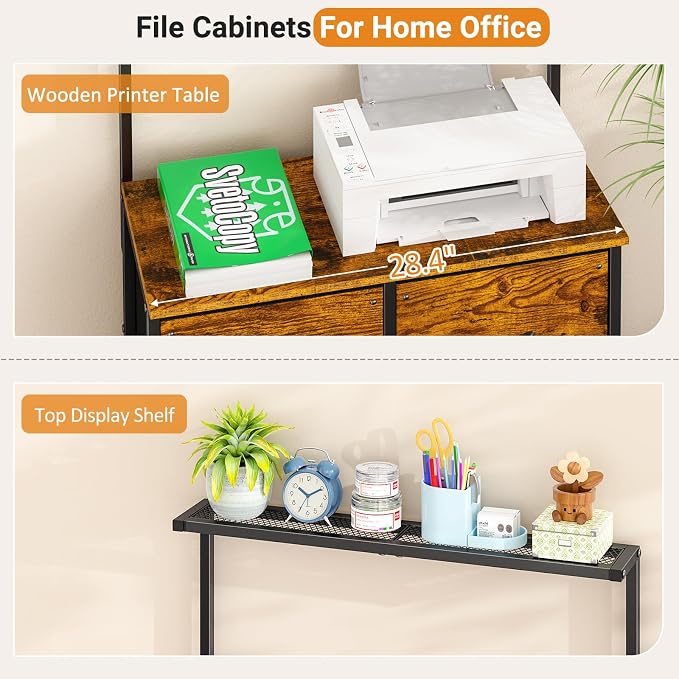 ThreeHio 4 Drawer File Cabinet, Lateral Filing Cabinets for Home Office, Large Printer Stand with Open Storage Shelf, Office Storage File Organizer Fit Hanging Letter/A4 Size Folders, Rustic Brown