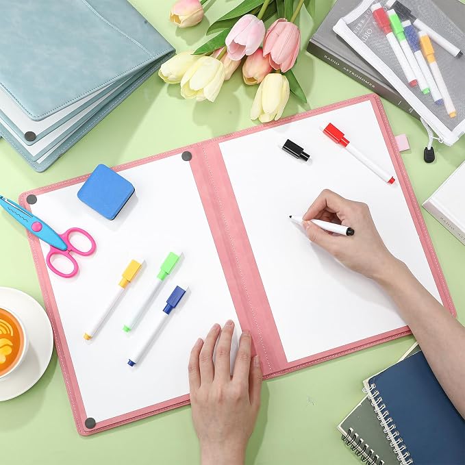 Feifeiya 6 Sides Dry Erase Notebook, Pink, A4 9" X 12" | Portable Reusable Whiteboard Notepad 6 Side Foldable Dry Erase White Board for Planner Office Study Business Meeting Supplies