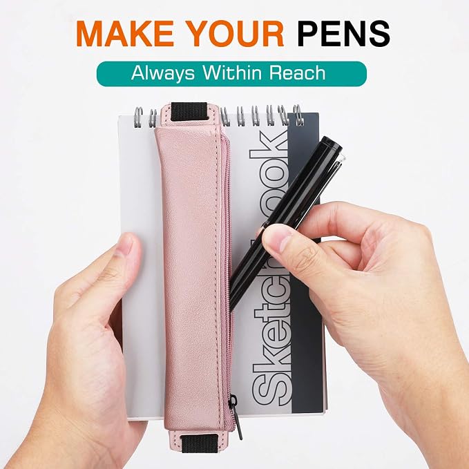 MoKo Elastic Pen Holder for Notebook, 2 Pack PU Leather Pouches | Zippered notebook pouch stores 3–4 pens and secures to hardcovers over 21 cm with an elastic strap; Print and Gold Pink.