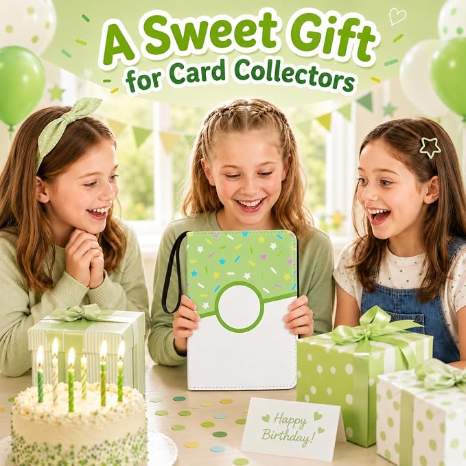 4 Pocket Card Binder 400 Card Holder Album, Green Donut Trading Cards Holder Zipper Binder for Girl Teen Collection (Green Donut, 400 Pocket)