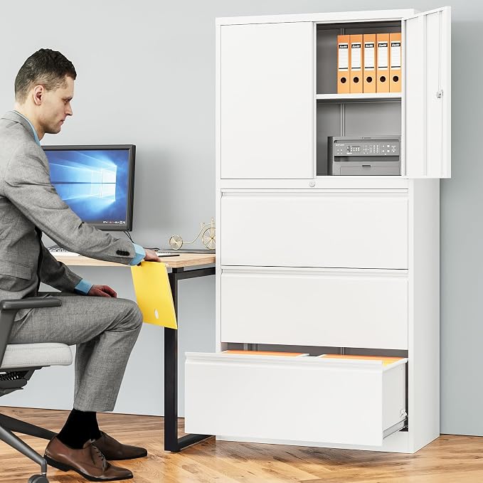 3 Drawer Lateral File Cabinet with Lock and Shelf,White Metal Filling Cabinet with Drawers and Shelf, Locking File Storage Cabinets with Doors and Shelves for Home,Office,Garage,School