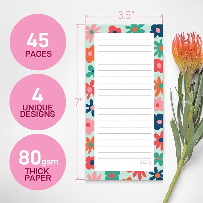 Sweetzer & Orange S&O Magnetic Notepads for Refrigerator 4 Pack - Fun Floral planner for Fridge Sets - Force field List sheets for cooler - Sticky writing pages for freezer - 3.5” x 7”, 45 Pages
