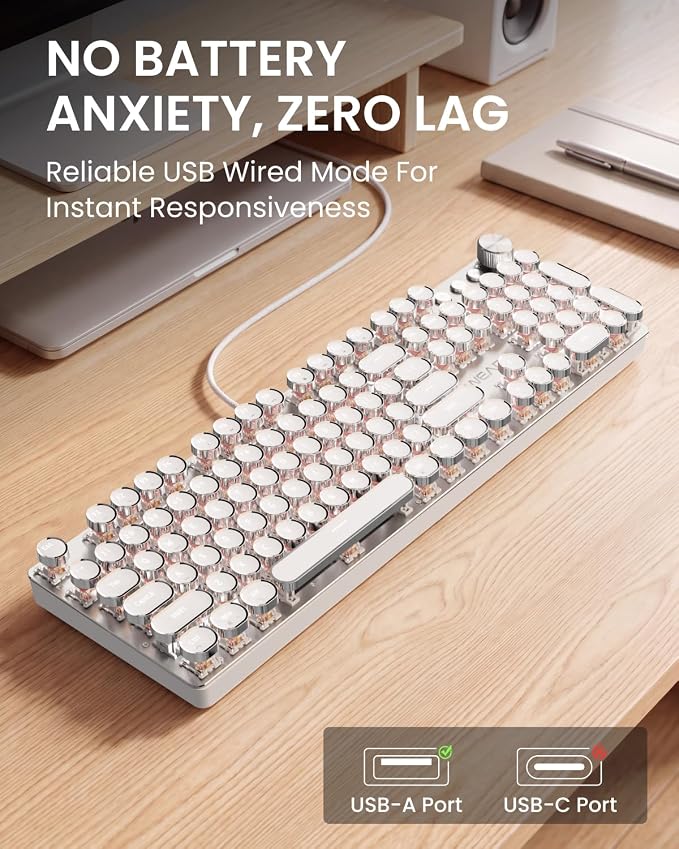 EWEADN Wired Typewriter Mechanical Keyboard, Quiet White Linear Switches Retro Punk Style with Media Knob, Elegant Backlit Metal Panel, 104-Key Round Keycaps Cute Keyboard for Windows PC - Pure White