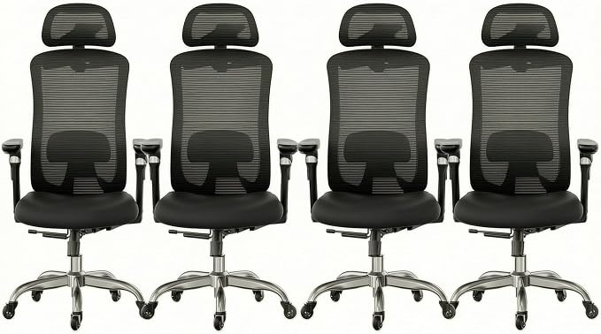 HUANUO Ergonomic Office Chair with 6D Armrest, Seat Depth Adjustment, Lumbar Support, Quiet Rubber Caster, High Back Mesh Gaming Chair with 3D Headrest, Big and Tall Chair for Home Office, Pack of 4