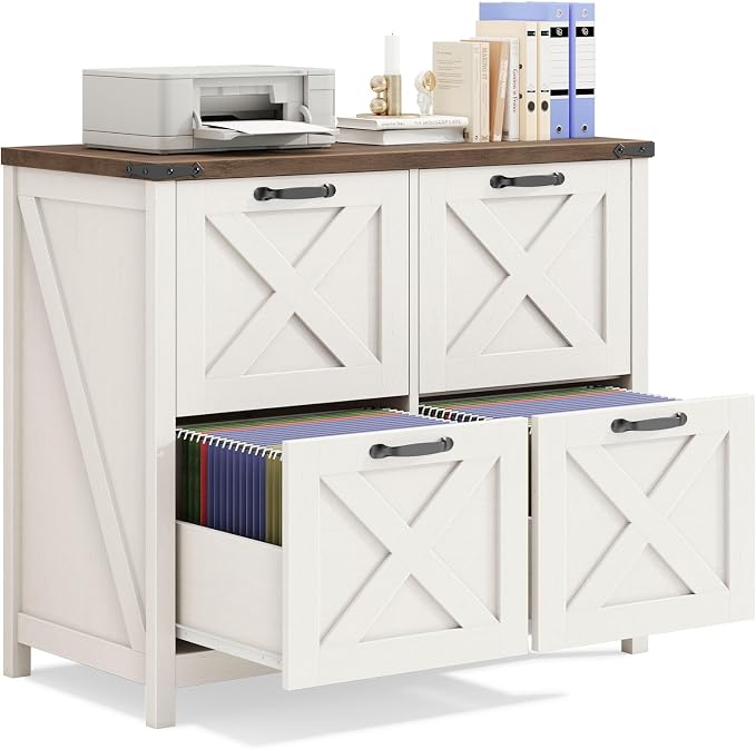 Halitaa Farmhouse Lateral File Cabinet with 4 Drawers, White and Brown | Lateral Filing Cabinet for Letter/A4 Size Hanging File, Wood File Storage Cabinet Printer Stand for Home Office Cabinet